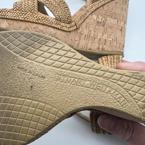Stuart Weitzman Minx Tan Woven Leather Ankle Strap Cork Wedge Sandals Women’s 7 - Picture 14 of 16